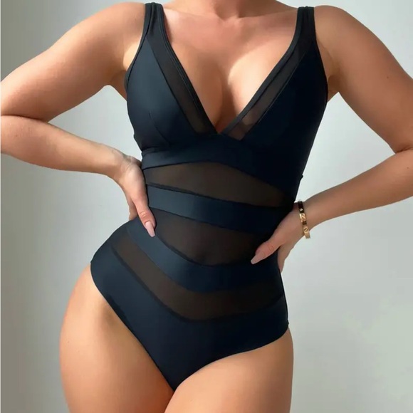 Tummy Control bodysuit V Neck High Cut Contrast Mesh Backless 1 Piece Swimsuit - Picture 1 of 10